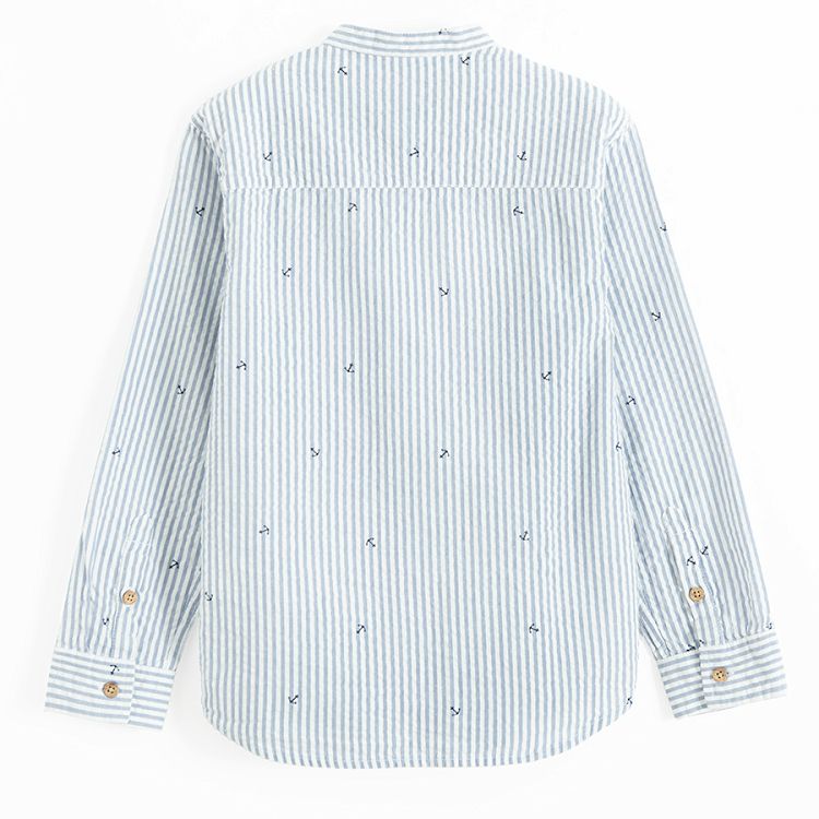 White and blue stripes button down long sleeve shirt with mao collar