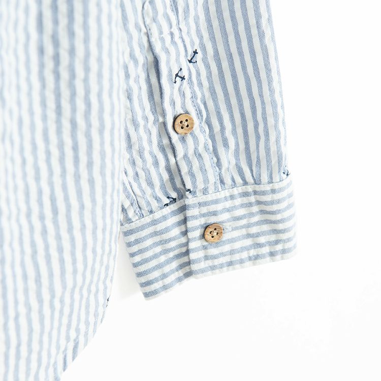 White and blue stripes button down long sleeve shirt with mao collar