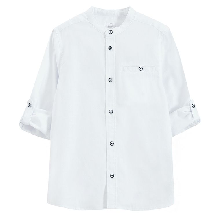 White long sleeve button down shirt with mao collar