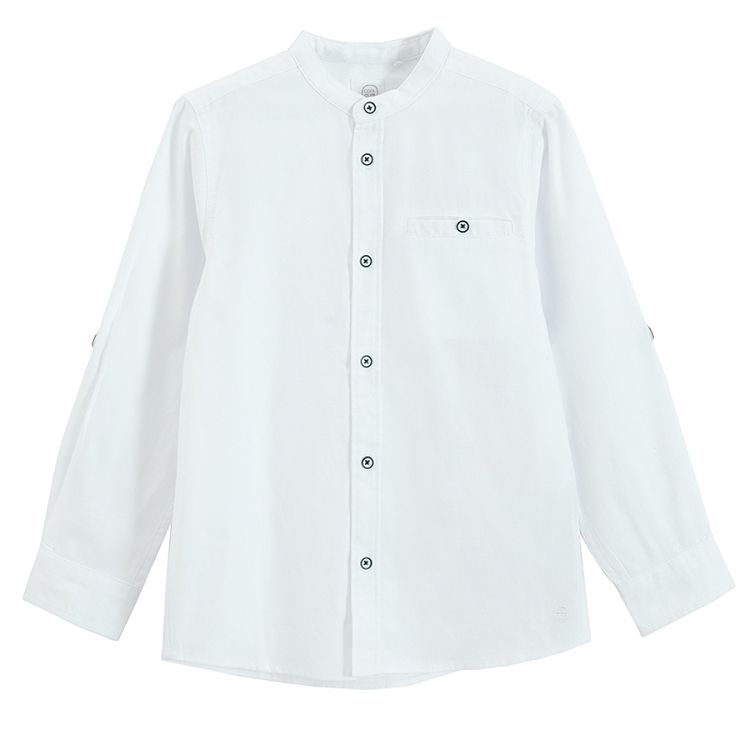 White long sleeve button down shirt with mao collar