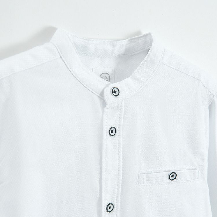 White long sleeve button down shirt with mao collar