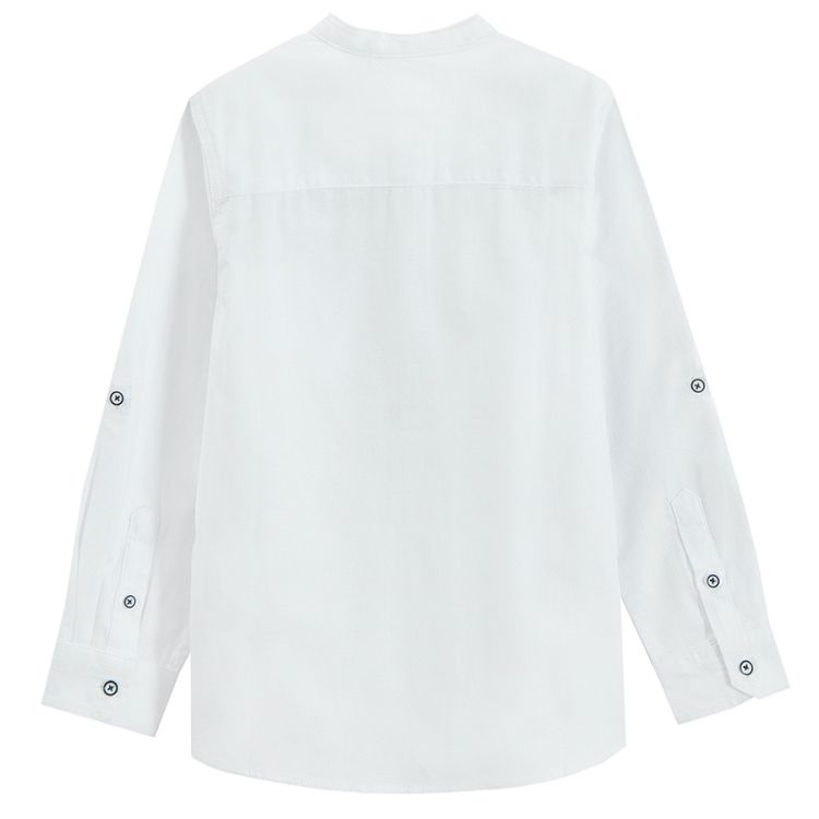 White long sleeve button down shirt with mao collar