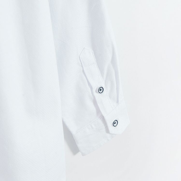 White long sleeve button down shirt with mao collar