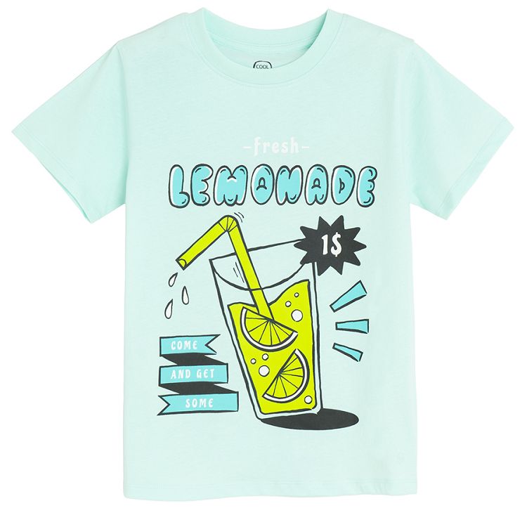 White, light blue and blue T-shirts with lemonade print- 3 pack