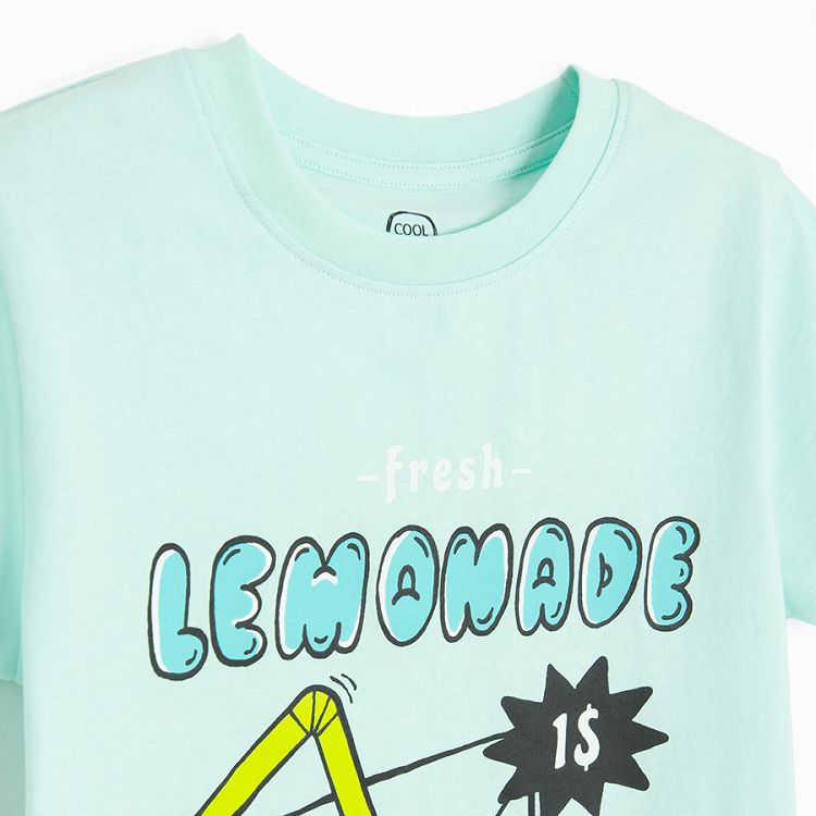 White, light blue and blue T-shirts with lemonade print- 3 pack