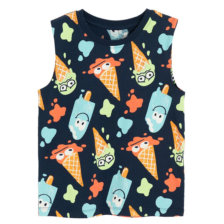 Blue sleeveless T-shirt with ice- creams print