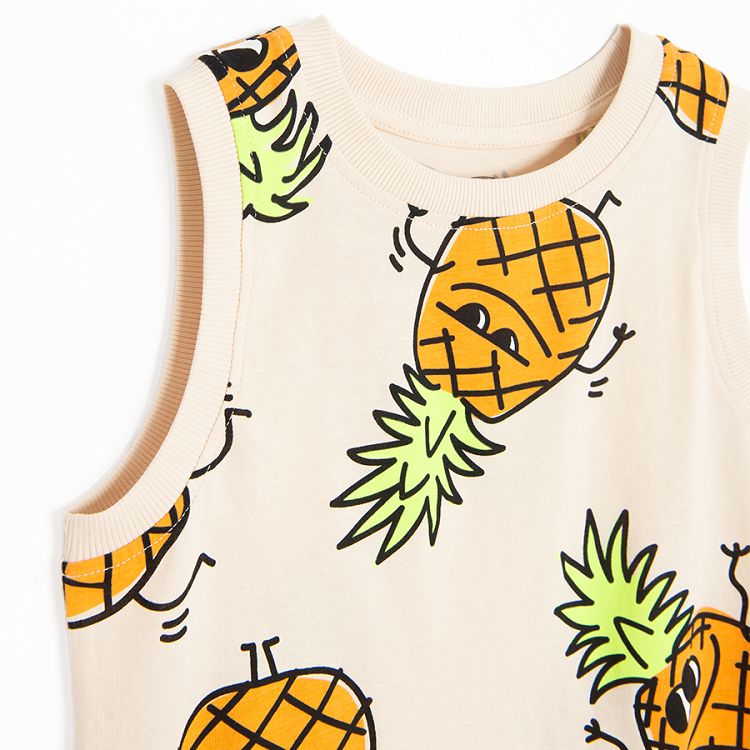 Beige sleeveless T-shirt with pineapple print