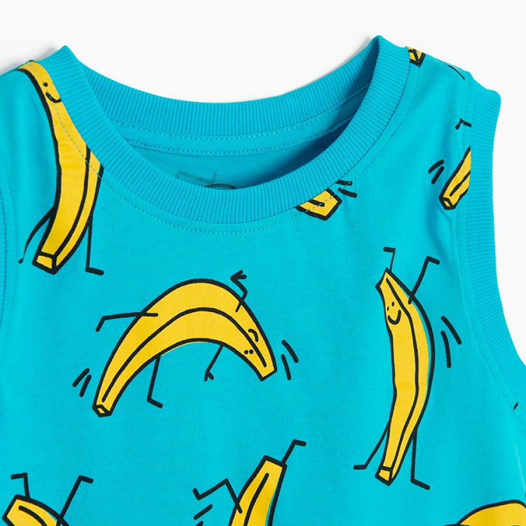 Light blue sleeveless T-shirt with bananas print