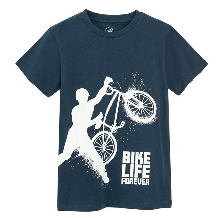 חולצה כחולה עם הדפס 'Bike Life Forever'