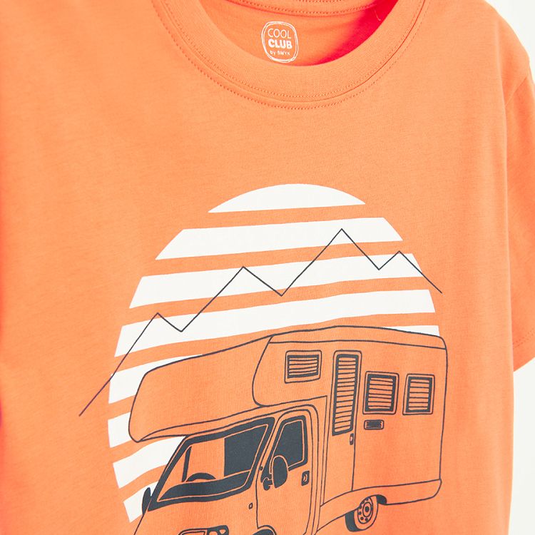 Orange T-shirt with Camping print