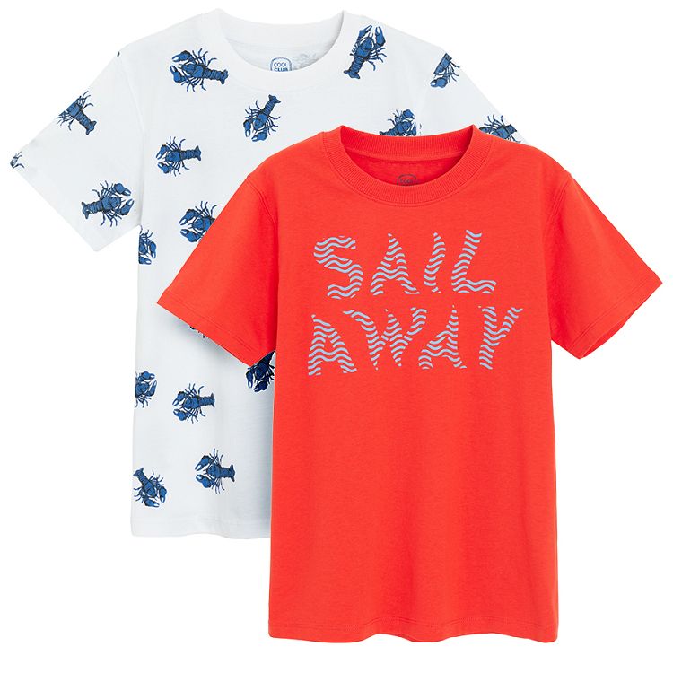 White T-shirt with blue lobster and red T-shirt with SAIL AWAY print