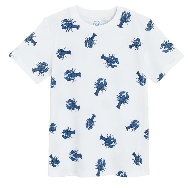 White T-shirt with blue lobster and red T-shirt with SAIL AWAY print