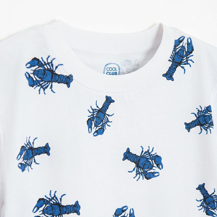 White T-shirt with blue lobster and red T-shirt with SAIL AWAY print