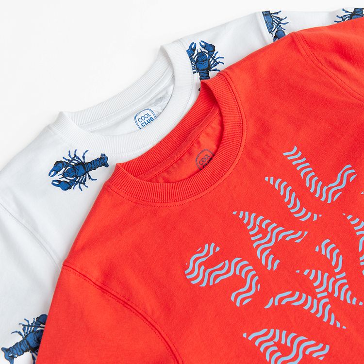 White T-shirt with blue lobster and red T-shirt with SAIL AWAY print