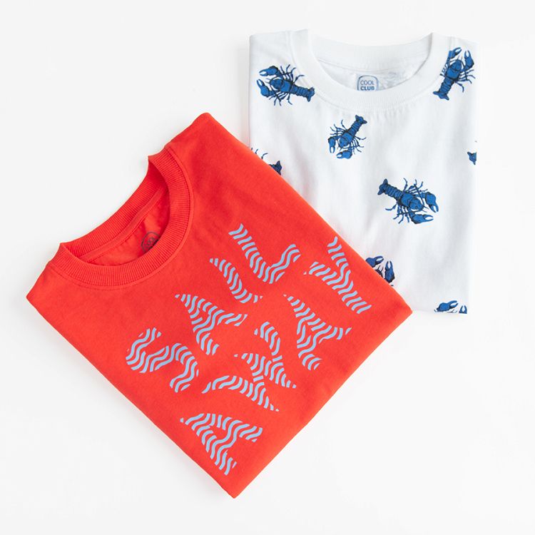 White T-shirt with blue lobster and red T-shirt with SAIL AWAY print