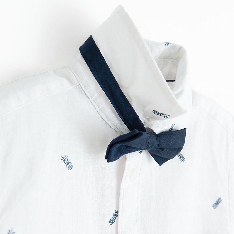 White short sleeve button down shirt with small palm trees print and bow tie- 2 pieces