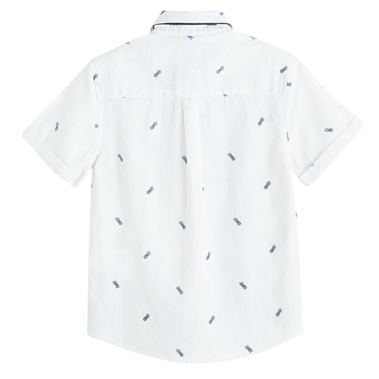 White short sleeve button down shirt with small palm trees print and bow tie- 2 pieces