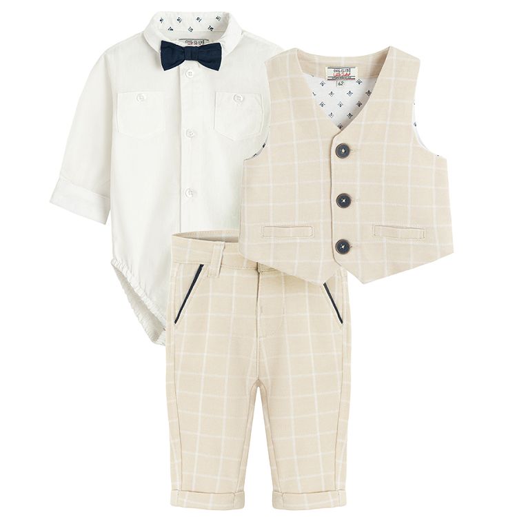 Pants, white long sleeve bodysuit and vest set- 3 pieces