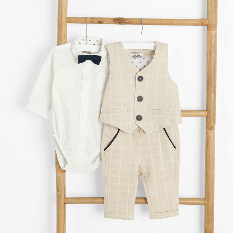 Pants, white long sleeve bodysuit and vest set- 3 pieces