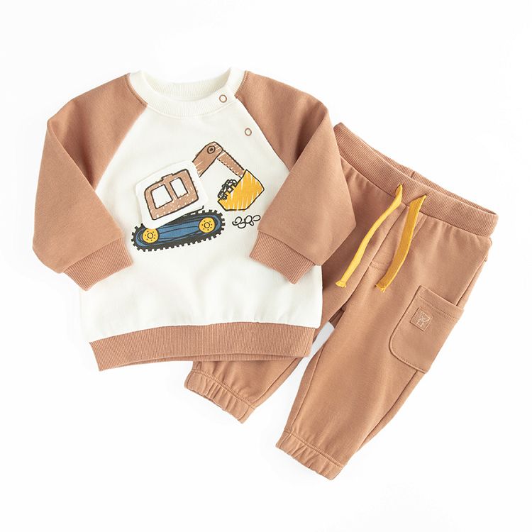 Brown sweatshirt with trucks print and brown sweatpants set- 2 pieces