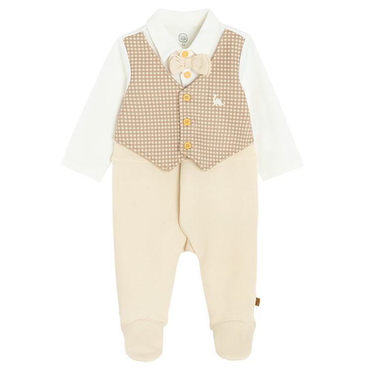 White and brown overall outfit, bodysuit, footed leggings, vest set