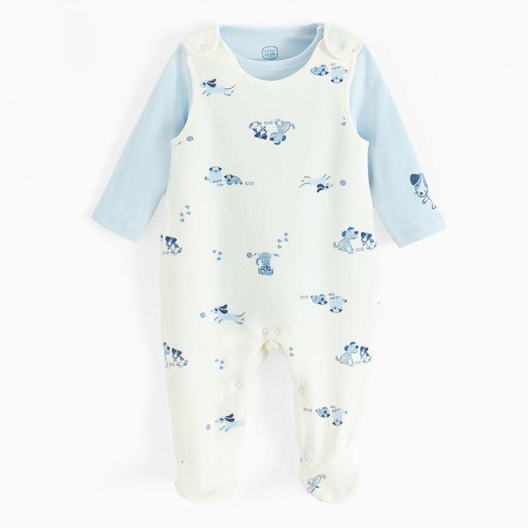 Blue long sleeve bodysuit and sleeveless footed overall- 2 pack