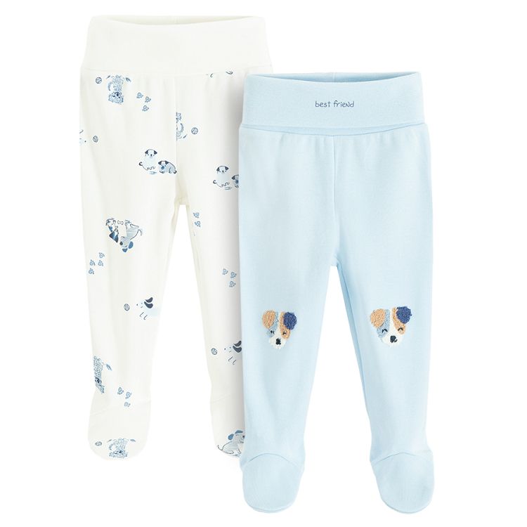 White and ecru footed leggings with dogs print- 2 pack