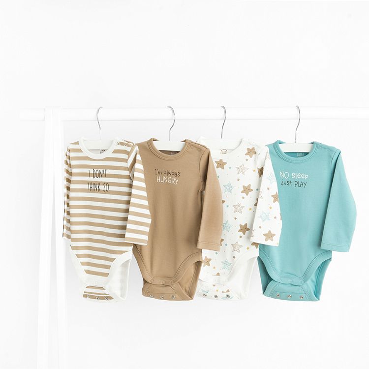 White, brown, blue long sleeve bodysuits- 4 pack