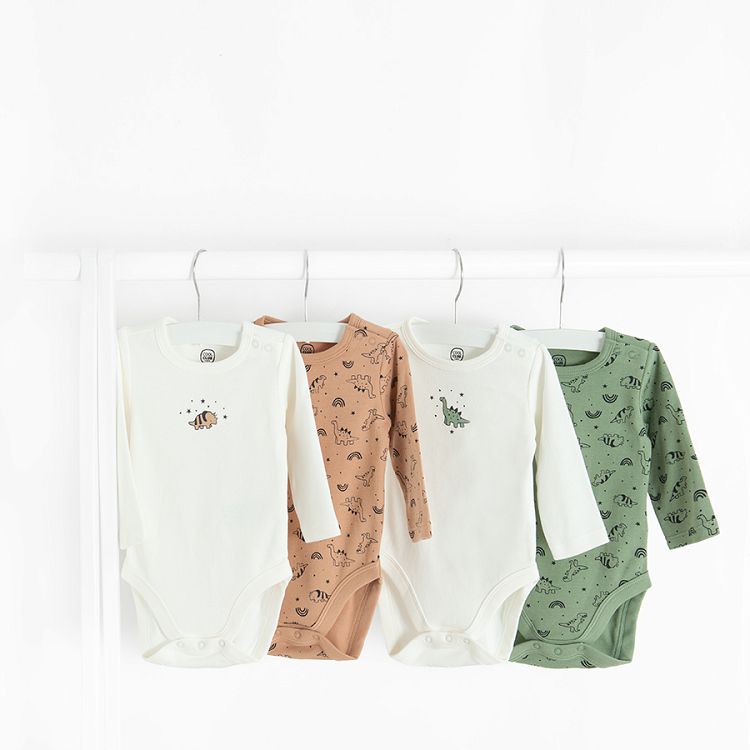 White, brown, green long sleeve bodysuits with dinosaurs print- 4 pack