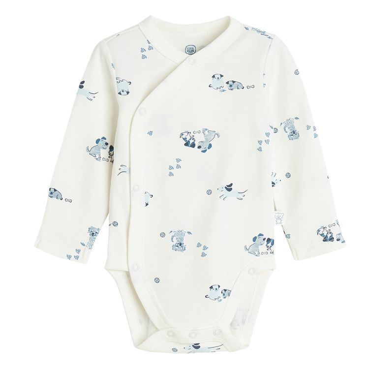 White and blue long sleeve cross body bodysuits with dogs print- 2 pack