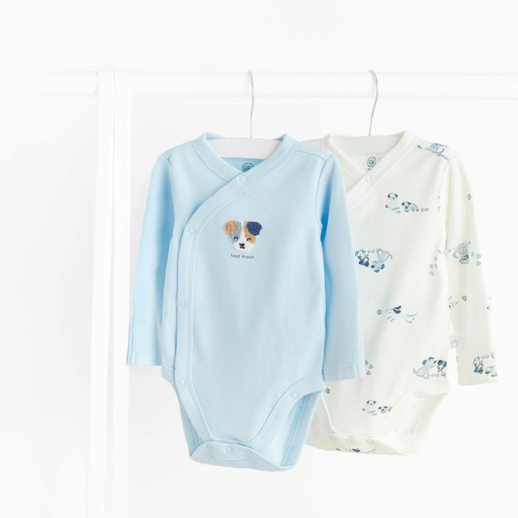 White and blue long sleeve cross body bodysuits with dogs print- 2 pack