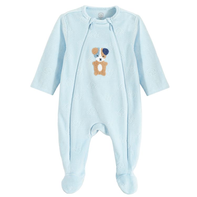 Ligh blue footed overall with side zippers and dogs print