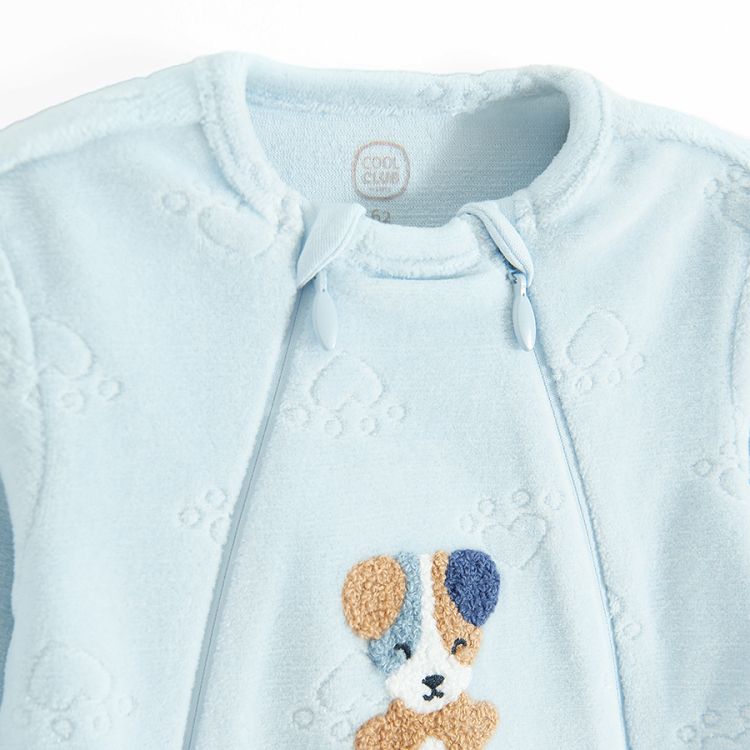 Ligh blue footed overall with side zippers and dogs print