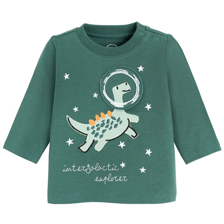 Green long sleeve blouse with dinosaur print