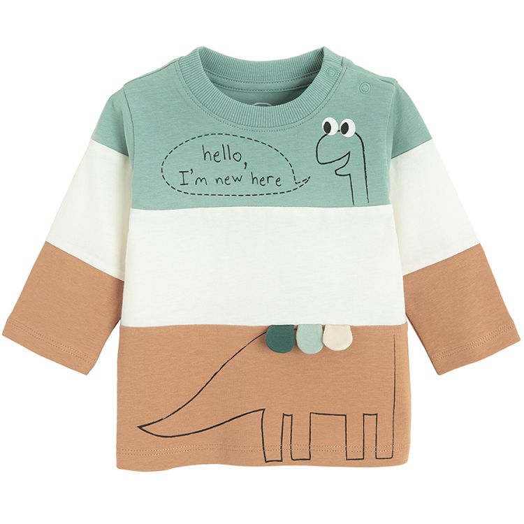 3 color blouse with dinosaur and Hello, I am here print bubble