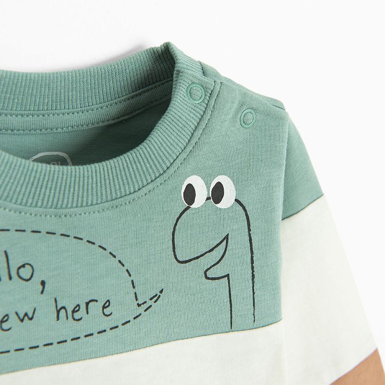 3 color blouse with dinosaur and Hello, I am here print bubble