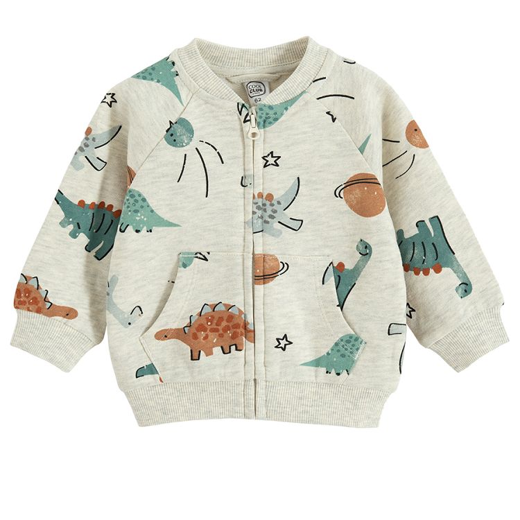 Ecru zip through sweatshirt with dinosaurs and planets print