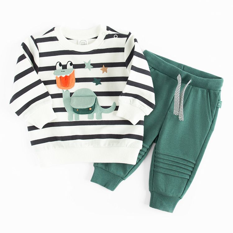 Black and white striped sweatshirt with baby dinosaur print and jogging pants set- 2 pieces