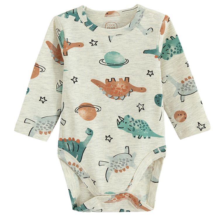 Ecru long sleeve bodysuit with dinosaurs and planets print