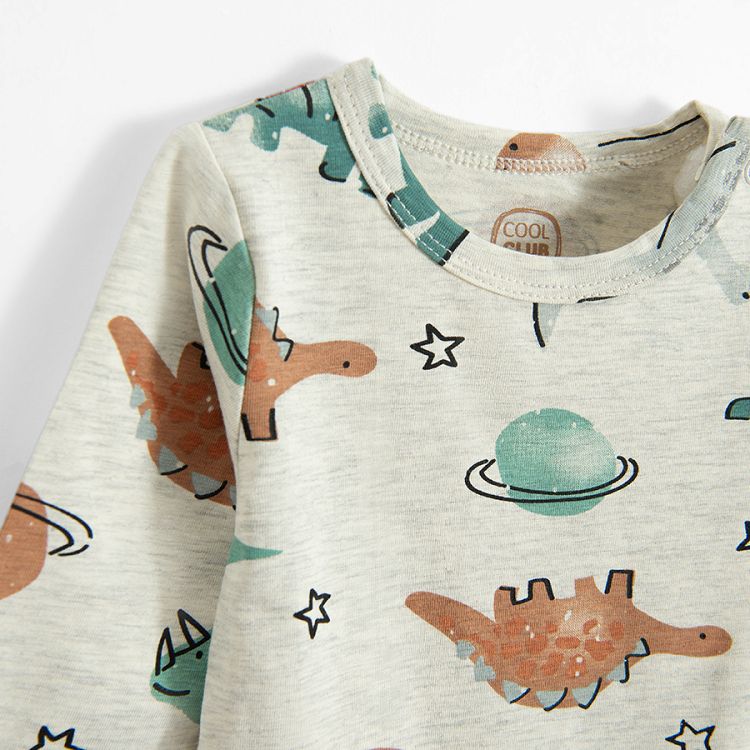 Ecru long sleeve bodysuit with dinosaurs and planets print