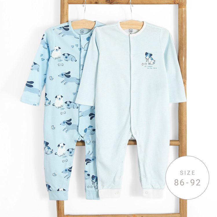 Blue and ecru footed overalls with dogs print- 2 pack