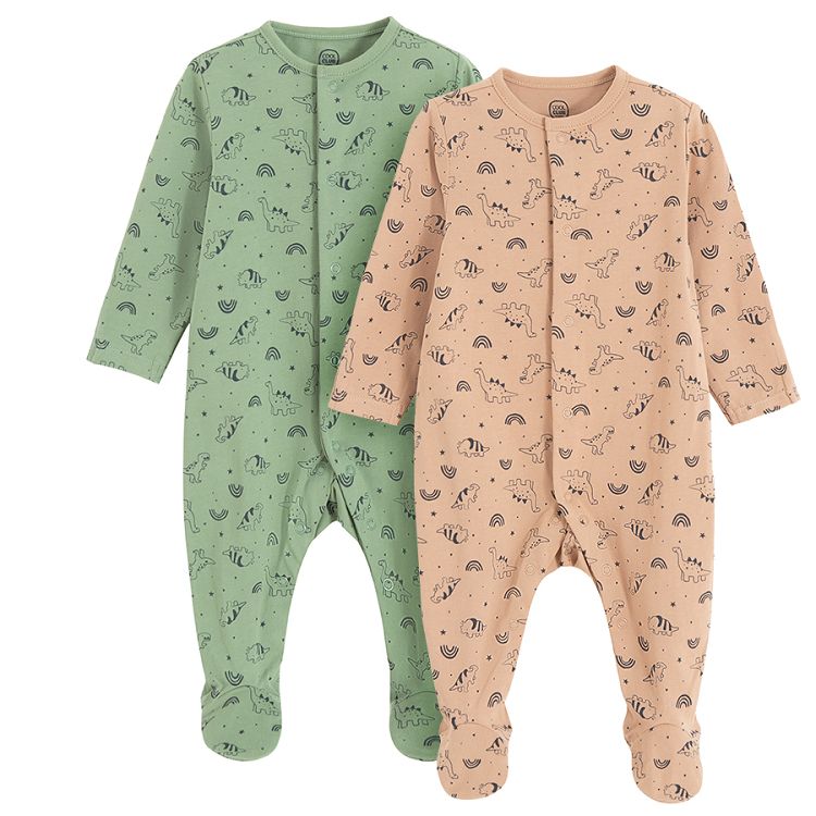 Green and light brown footed overalls with dinosaurs print- 2 pack