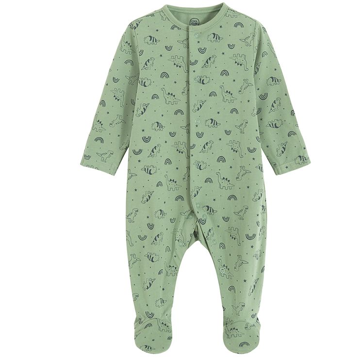 Green and light brown footed overalls with dinosaurs print- 2 pack