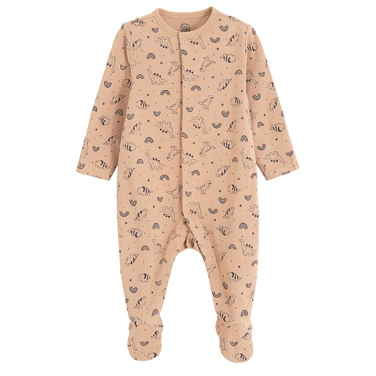 Green and light brown footed overalls with dinosaurs print- 2 pack