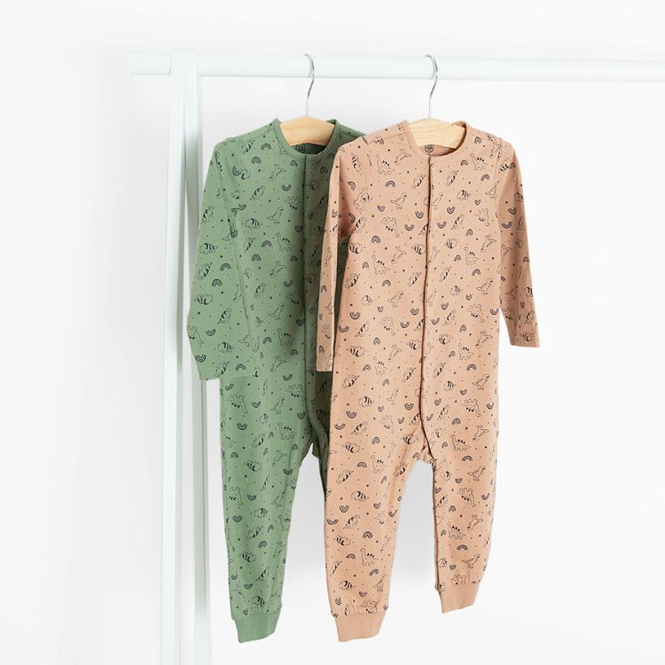 Green and light brown footed overalls with dinosaurs print- 2 pack