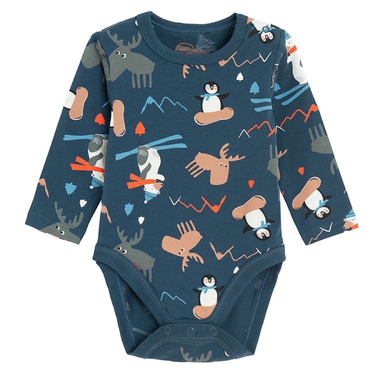 Blue long sleeve bodysuit with arctic animals print