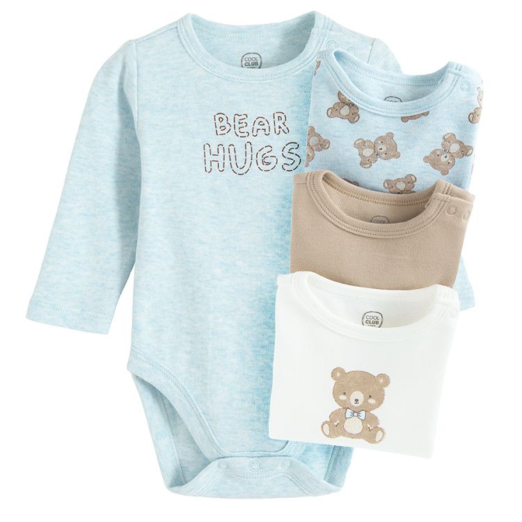 Blue, ecru, brown long sleeve bodysuits with bears print- 3 pack