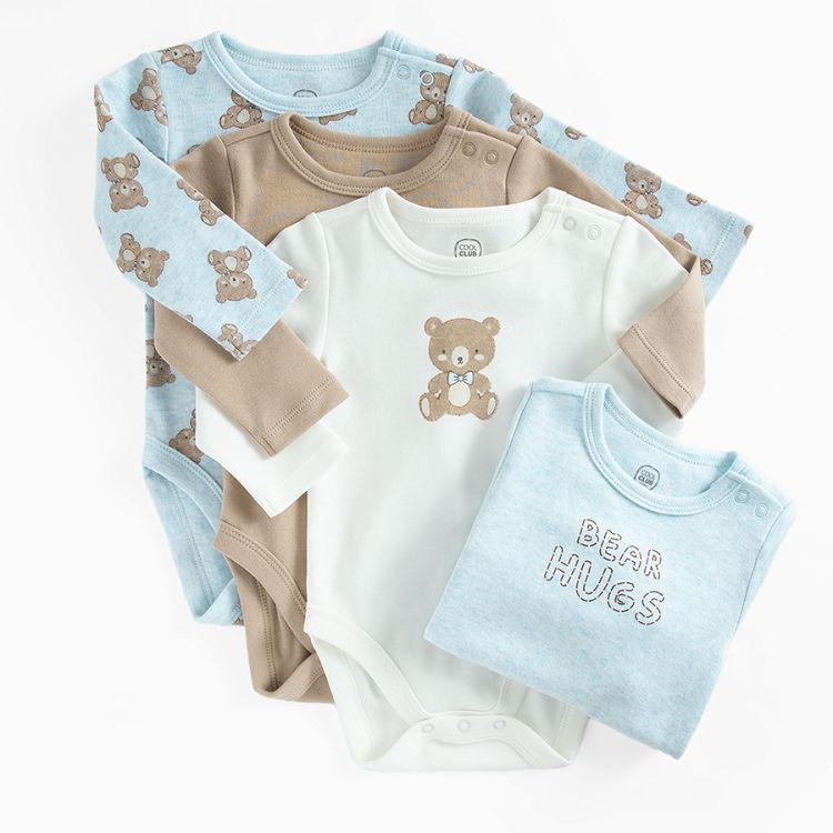 Blue, ecru, brown long sleeve bodysuits with bears print- 3 pack