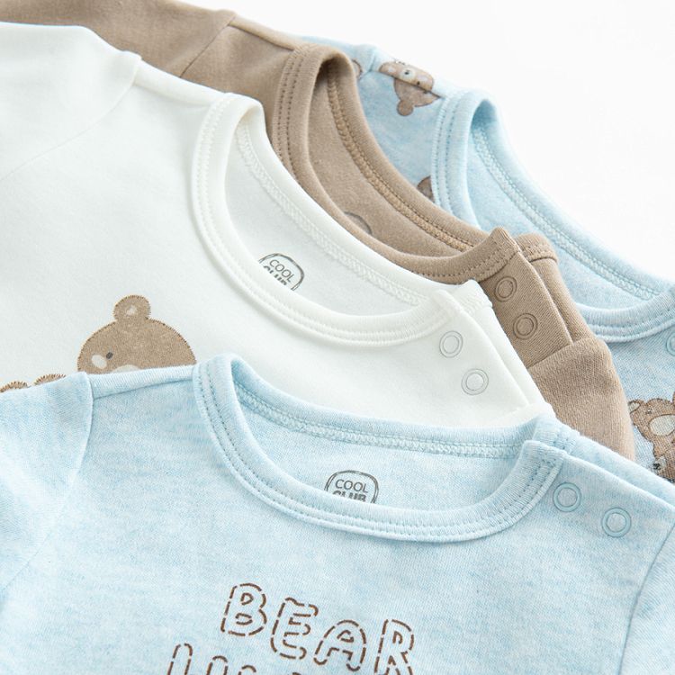 Blue, ecru, brown long sleeve bodysuits with bears print- 3 pack