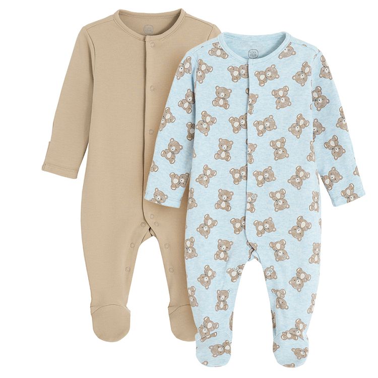 Brown and blue with bears print footed long sleeve overalls- 2 pack